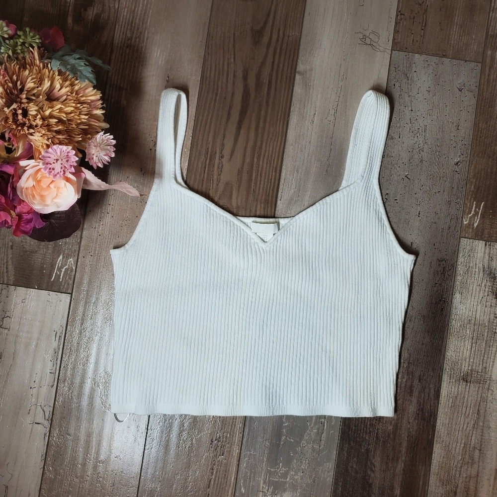 H&M White Rib-Knit Women's Crop Top Tank Top Size Large NWOT